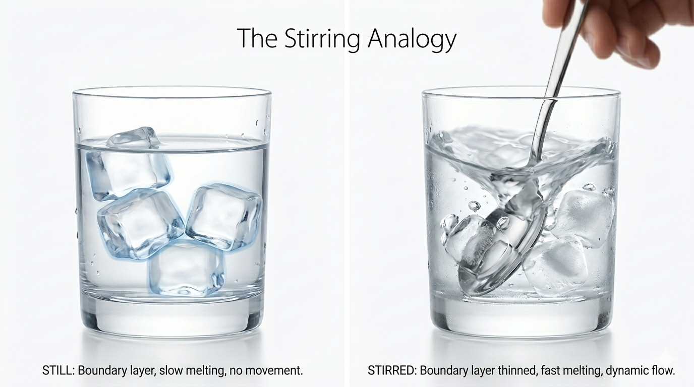 The stirring analogy: still water with slow-melting ice vs stirred water with fast-melting ice